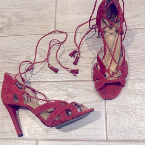 Michael Kors Red Mirabel Suede Strappy Sandal Stiletto Heel Straps w/ Tassels - Picture 8 of 8